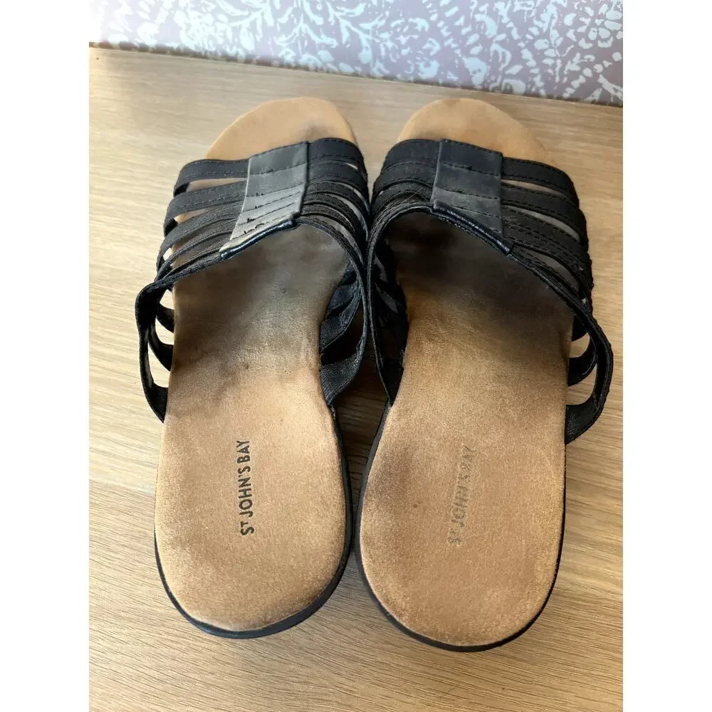 St John's Bay Izabel Black‎ Strappy Slip On Comfort Slide Mule Sandals